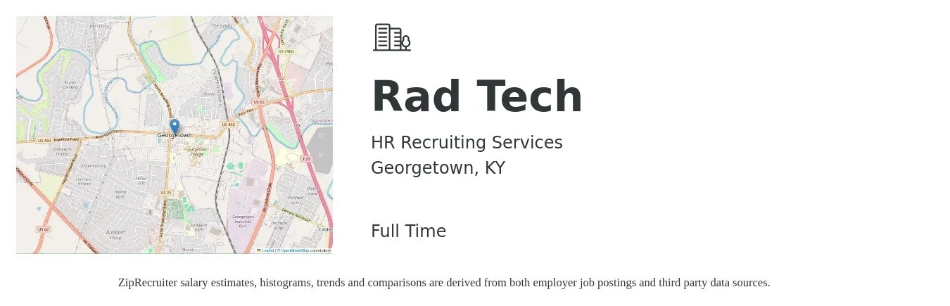 HR Recruiting Services job posting for a Rad Tech in Georgetown, KY with a salary of $30 to $54 Hourly with a map of Georgetown location.