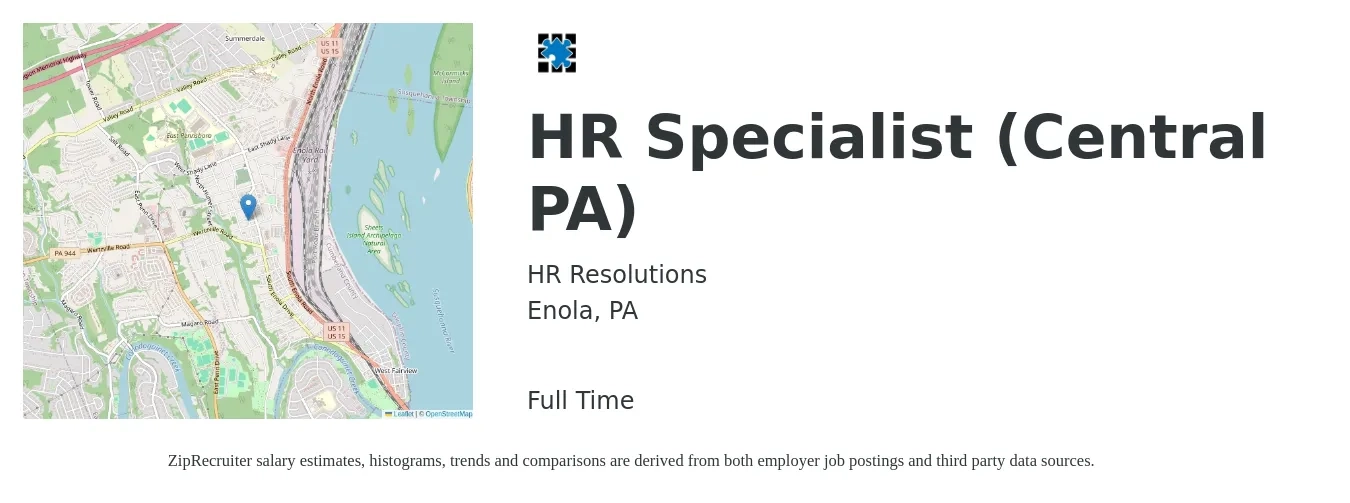 HR Resolutions job posting for a HR Specialist (Central PA) in Enola, PA with a salary of $43,600 to $91,400 Yearly with a map of Enola location.