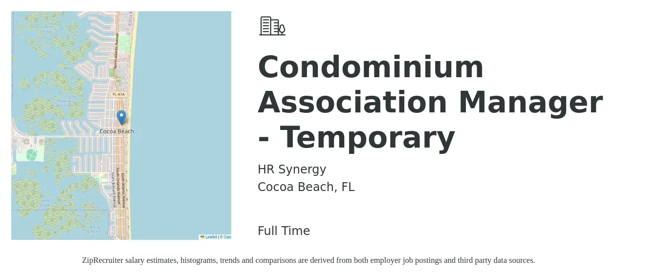 HR Synergy job posting for a Condominium Association Manager - Temporary in Cocoa Beach, FL with a salary of $44,000 to $80,400 Yearly with a map of Cocoa Beach location.