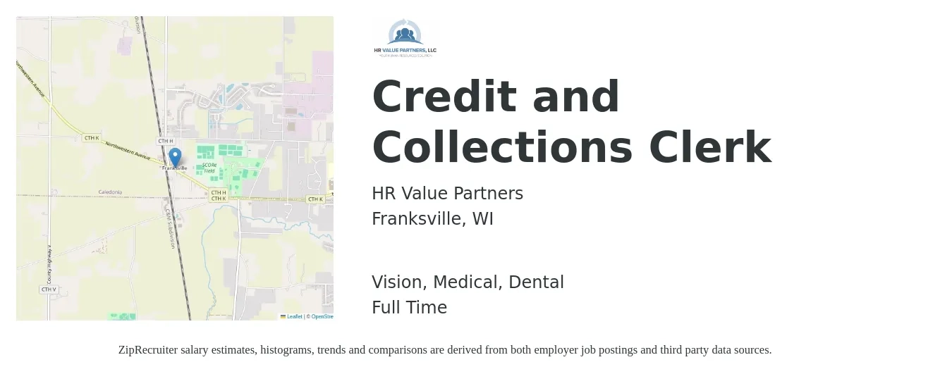 HR Value Partners job posting for a Credit and Collections Clerk in Franksville, WI with a salary of $16 to $22 Hourly and benefits including dental, life_insurance, medical, pto, retirement, and vision with a map of Franksville location.