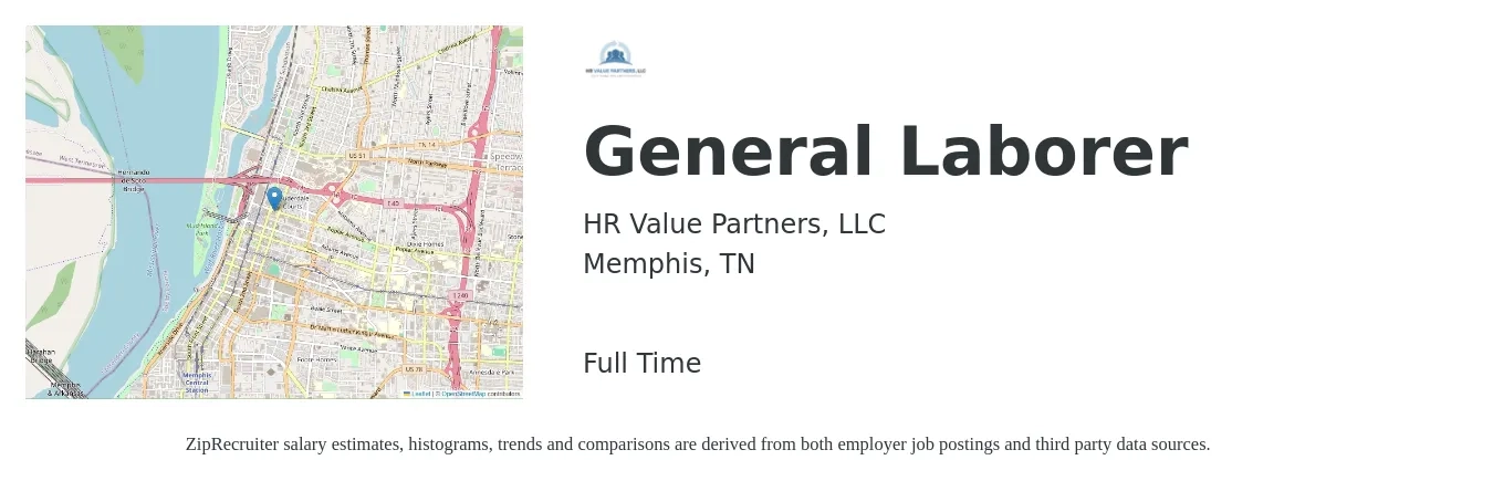 HR Value Partners, LLC job posting for a General Laborer in Memphis, TN with a salary of $14 to $18 Hourly with a map of Memphis location.