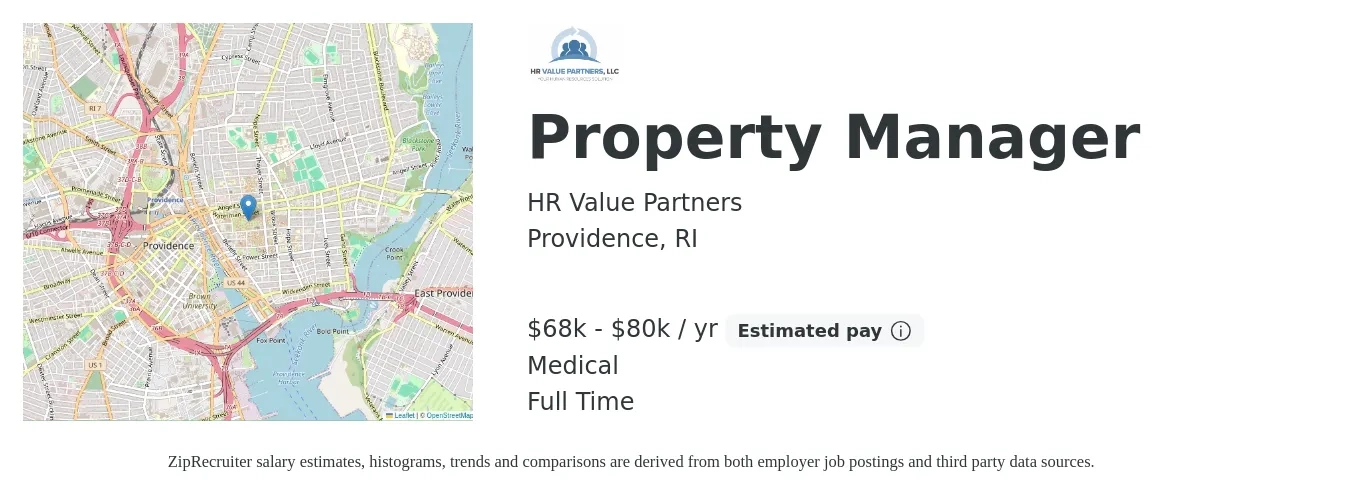 HR Value Partners job posting for a Property Manager in Providence, RI with a salary of $68,000 to $80,000 Yearly and benefits including medical with a map of Providence location.