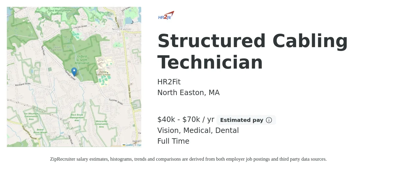 HR2Fit job posting for a Structured Cabling Technician in North Easton, MA with a salary of $40,000 to $70,000 Yearly and benefits including dental, medical, retirement, and vision with a map of North Easton location.