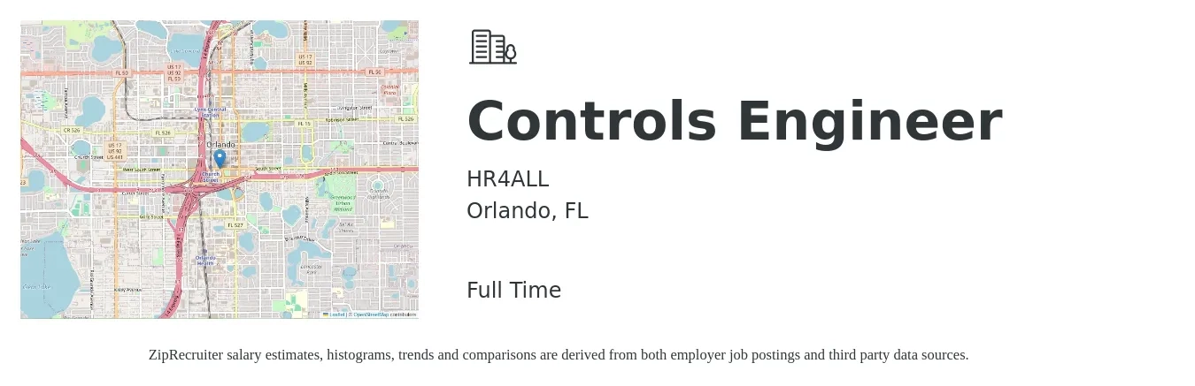 HR4ALL job posting for a Controls Engineer in Orlando, FL with a salary of $77,900 to $100,800 Yearly with a map of Orlando location.