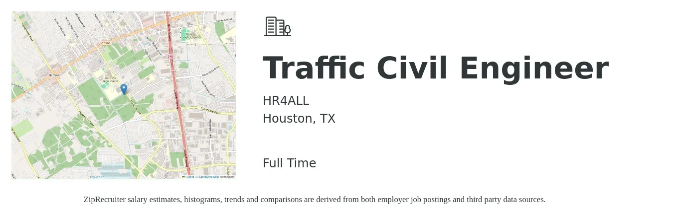 HR4ALL job posting for a Traffic Civil Engineer in Houston, TX with a salary of $73,500 to $109,800 Yearly with a map of Houston location.