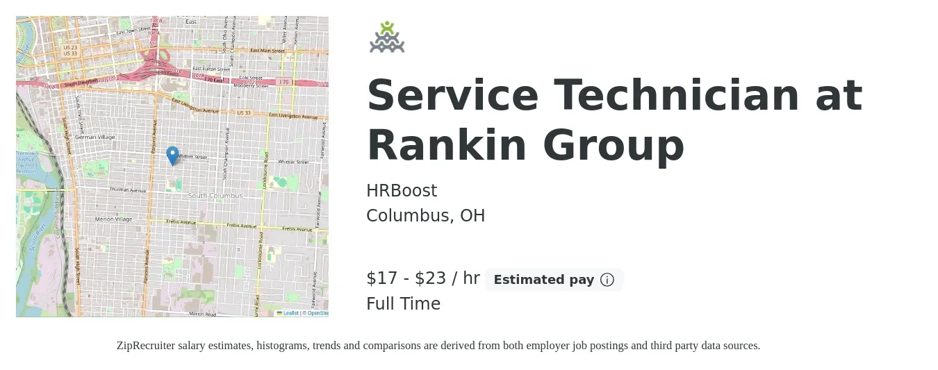 HRBoost job posting for a Service Technician at Rankin Group in Columbus, OH with a salary of $18 to $24 Hourly with a map of Columbus location.