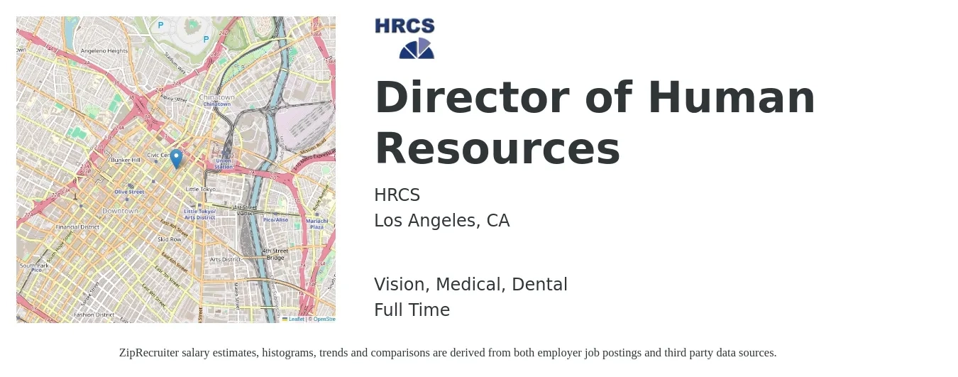 HRCS job posting for a Director of Human Resources in Los Angeles, CA with a salary of $95,400 to $147,100 Yearly and benefits including life_insurance, medical, vision, and dental with a map of Los Angeles location.