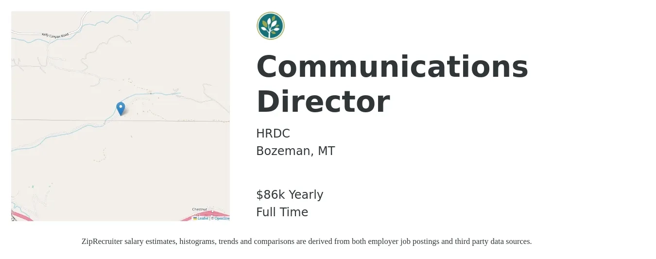 HRDC job posting for a Communications Director in Bozeman, MT with a salary of $86,000 Yearly with a map of Bozeman location.