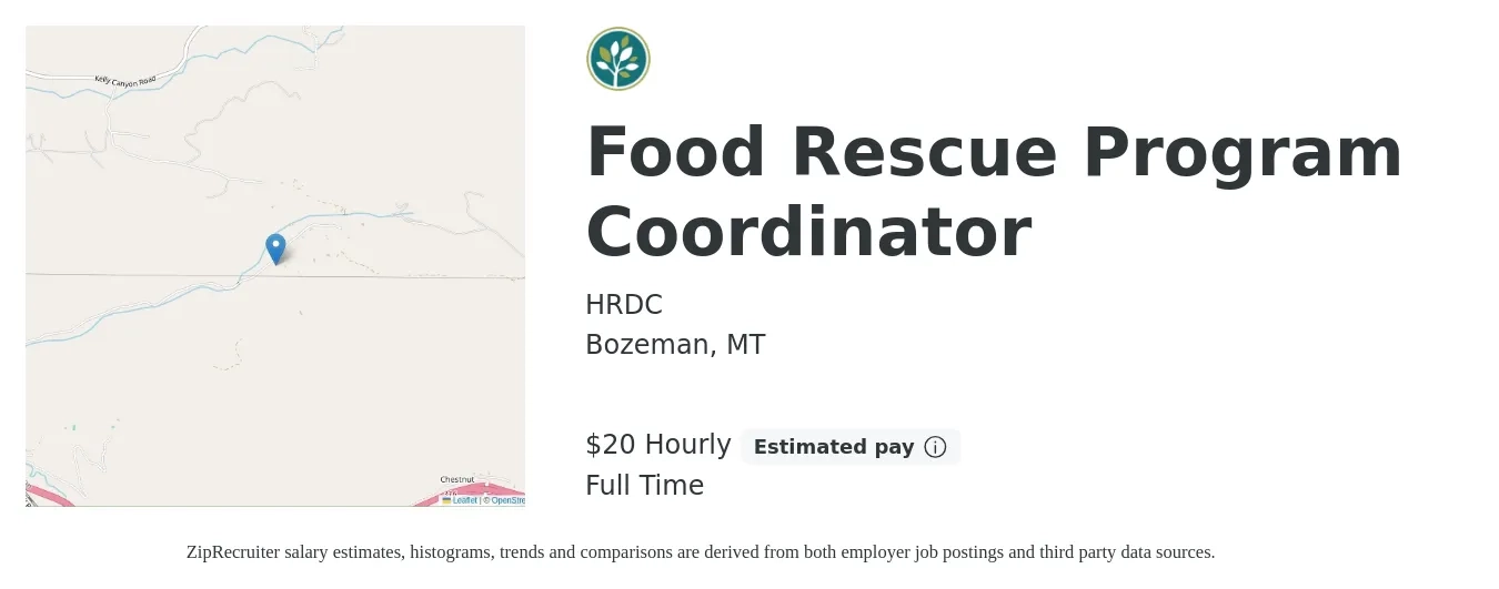 HRDC job posting for a Food Rescue Program Coordinator in Bozeman, MT with a salary of $21 Hourly with a map of Bozeman location.