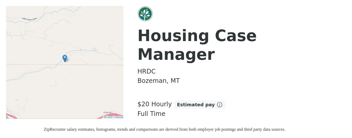 HRDC job posting for a Housing Case Manager in Bozeman, MT with a salary of $21 Hourly with a map of Bozeman location.