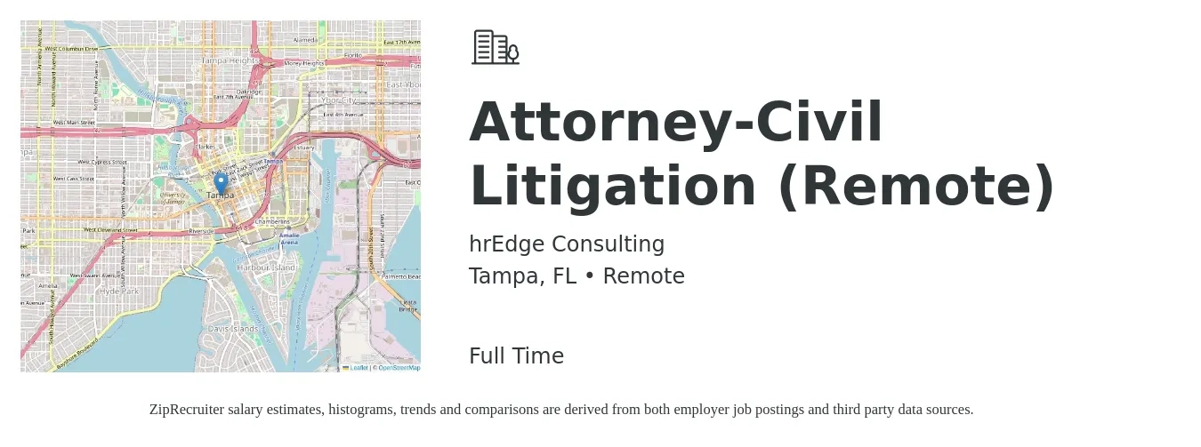 hrEdge Consulting job posting for a Attorney-Civil Litigation (Remote) in Tampa, FL with a salary of $100,000 to $110,000 Yearly with a map of Tampa location.