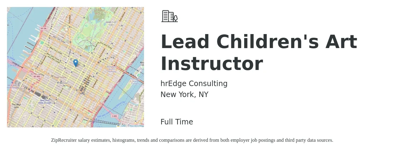 hrEdge Consulting job posting for a Lead Children's Art Instructor in New York, NY with a salary of $34,000 to $36,000 Yearly with a map of New York location.