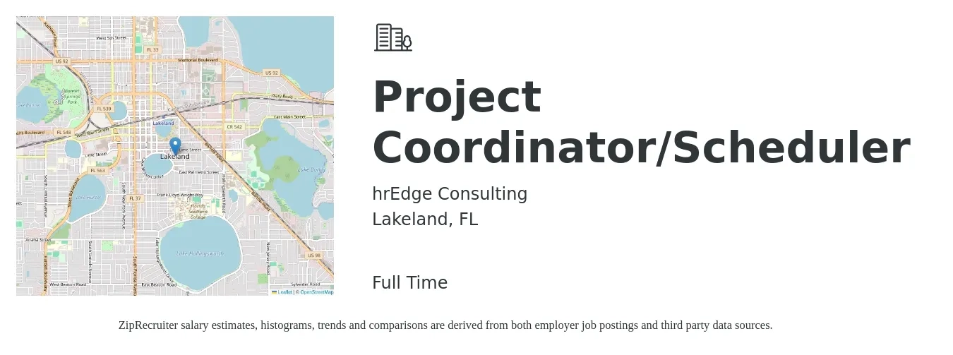 hrEdge Consulting job posting for a Project Coordinator/Scheduler in Lakeland, FL with a salary of $18 to $20 Hourly with a map of Lakeland location.