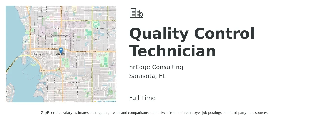 hrEdge Consulting job posting for a Quality Control Technician in Sarasota, FL with a salary of $20 Hourly with a map of Sarasota location.