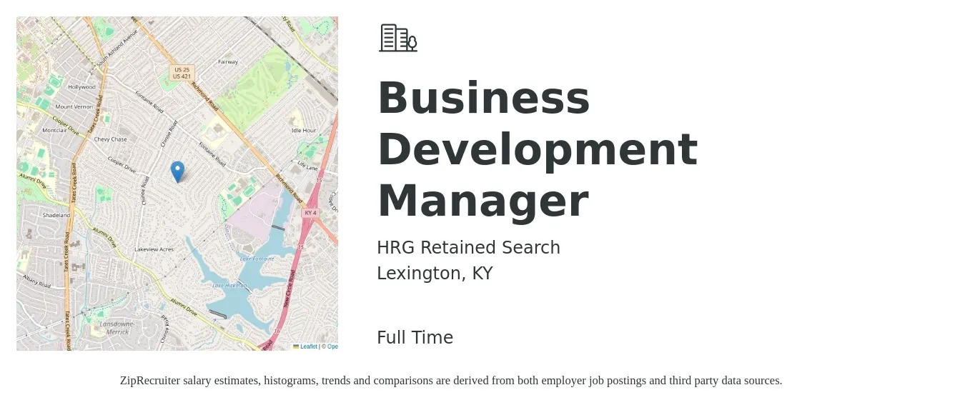 HRG Retained Search job posting for a Business Development Manager in Lexington, KY with a salary of $55,900 to $91,700 Yearly with a map of Lexington location.