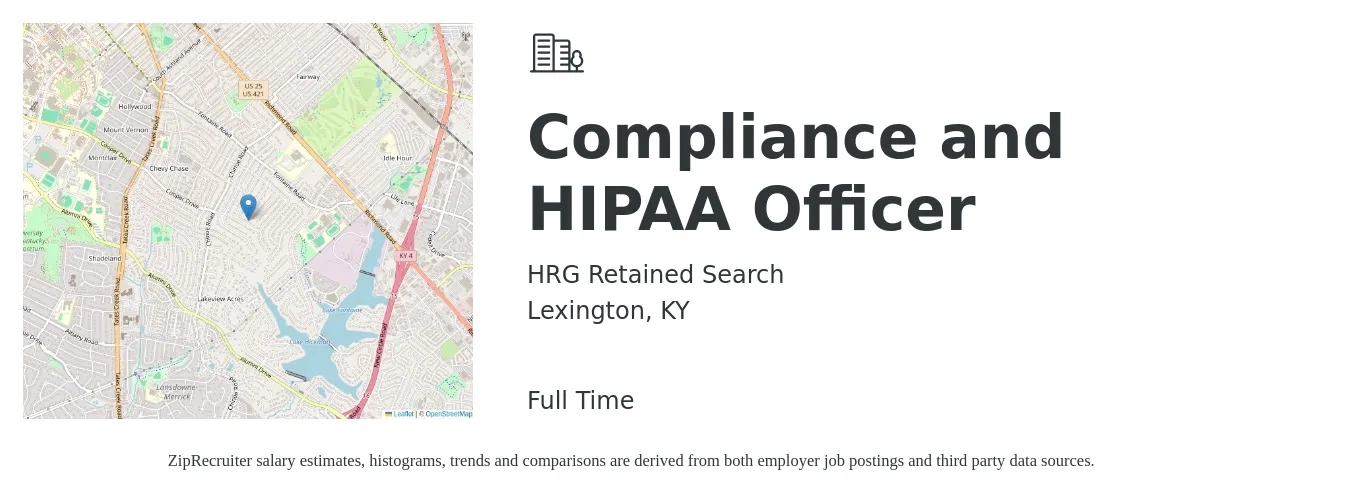 HRG Retained Search job posting for a Compliance and HIPAA Officer in Lexington, KY with a salary of $53,900 to $100,700 Yearly with a map of Lexington location.
