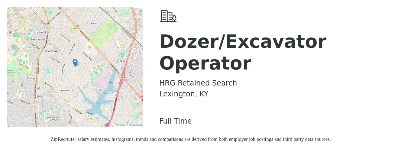 HRG Retained Search job posting for a Dozer/Excavator Operator in Lexington, KY with a salary of $17 to $24 Hourly with a map of Lexington location.