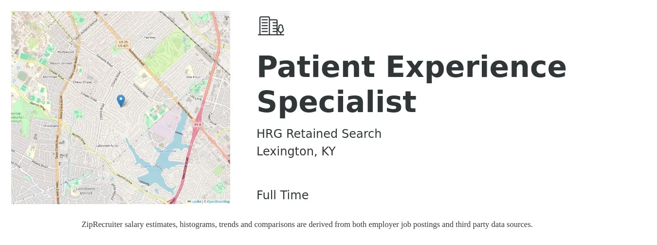 HRG Retained Search job posting for a Patient Experience Specialist in Lexington, KY with a salary of $16 to $20 Hourly with a map of Lexington location.