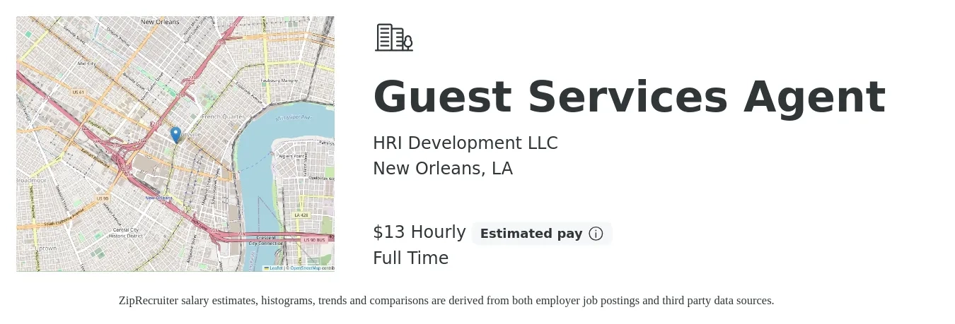 HRI Development LLC job posting for a Guest Services Agent in New Orleans, LA with a salary of $14 to $14 Hourly with a map of New Orleans location.