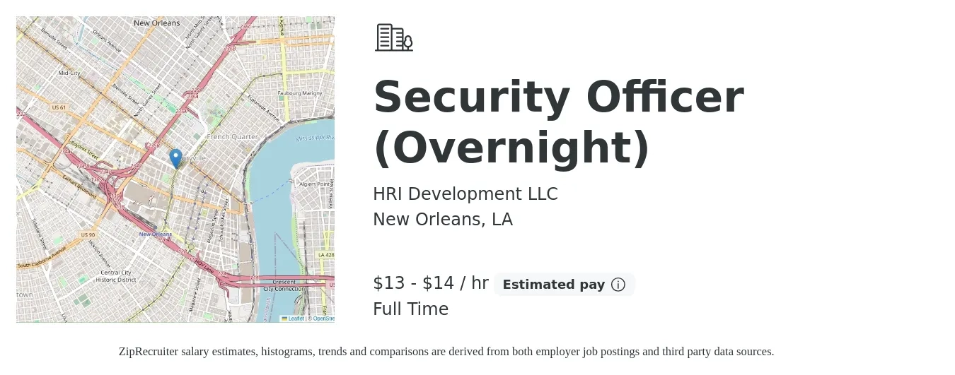 HRI Development LLC job posting for a Security Officer (Overnight) in New Orleans, LA with a salary of $14 to $15 Hourly with a map of New Orleans location.