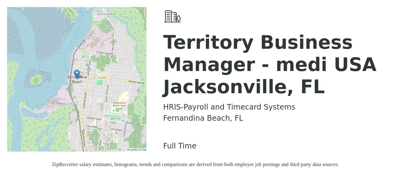 HRIS-Payroll and Timecard Systems job posting for a Territory Business Manager - medi USA Jacksonville, FL in Fernandina Beach, FL with a salary of $60,200 to $82,900 Yearly with a map of Fernandina Beach location.