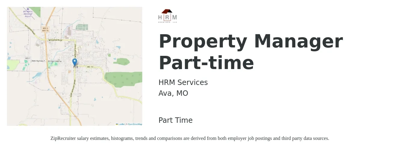 HRM Services job posting for a Property Manager Part-time in Ava, MO with a salary of $40,600 to $62,800 Yearly with a map of Ava location.