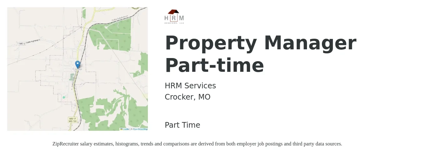 HRM Services job posting for a Property Manager Part-time in Crocker, MO with a salary of $37,700 to $58,300 Yearly with a map of Crocker location.
