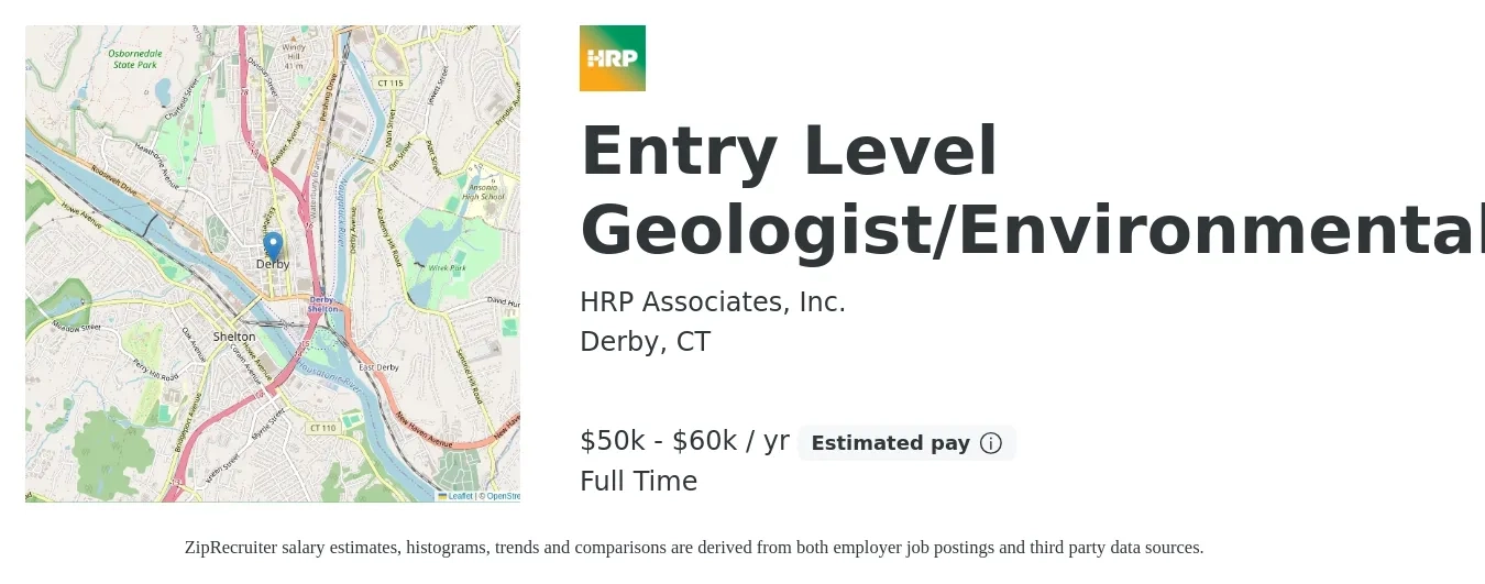 HRP Associates, Inc. job posting for a Entry Level Geologist/Environmental in Derby, CT with a salary of $50,000 to $60,000 Yearly with a map of Derby location.