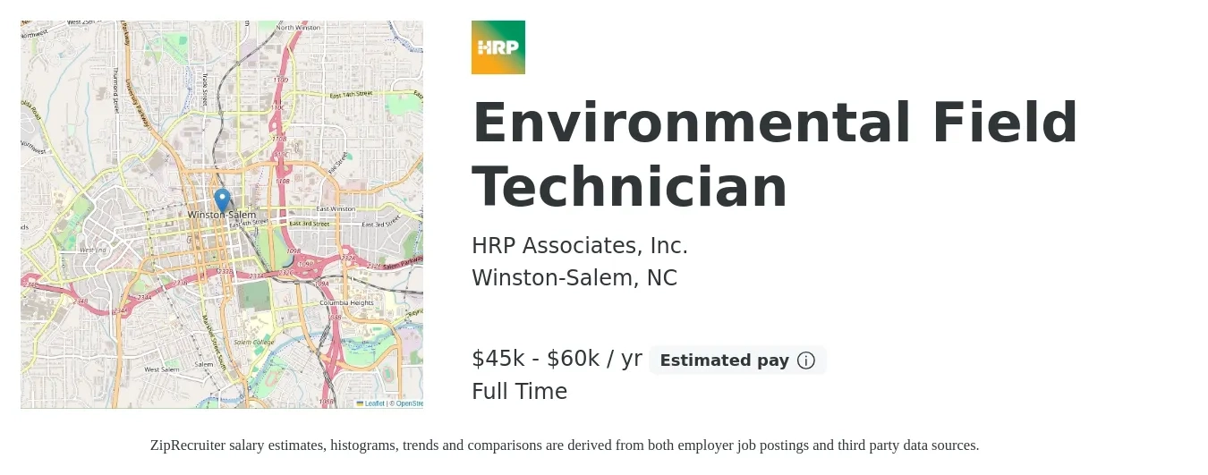 HRP Associates, Inc. job posting for a Environmental Field Technician in Winston-Salem, NC with a salary of $45,000 to $60,000 Yearly with a map of Winston-Salem location.