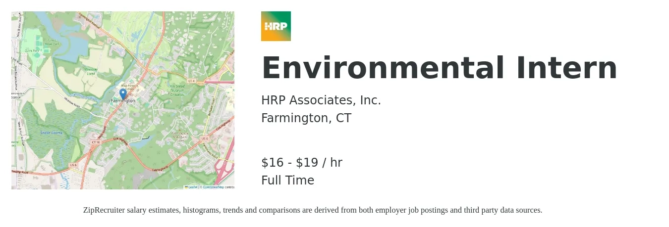 HRP Associates, Inc. job posting for a Environmental Intern in Farmington, CT with a salary of $17 to $20 Hourly with a map of Farmington location.
