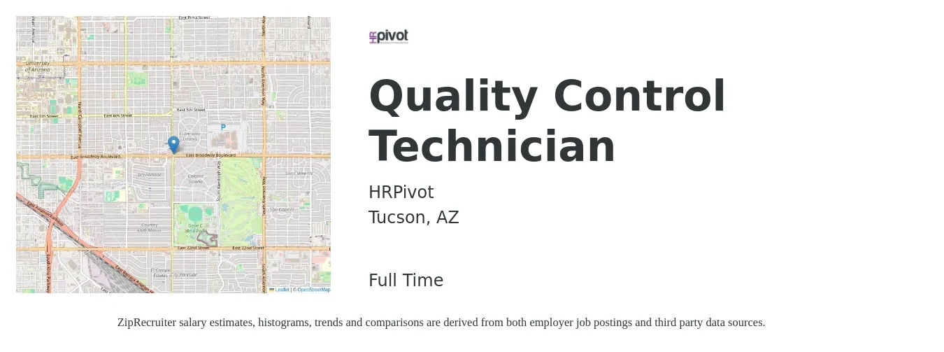 HRPivot job posting for a Quality Control Technician in Tucson, AZ with a salary of $21 to $25 Hourly with a map of Tucson location.