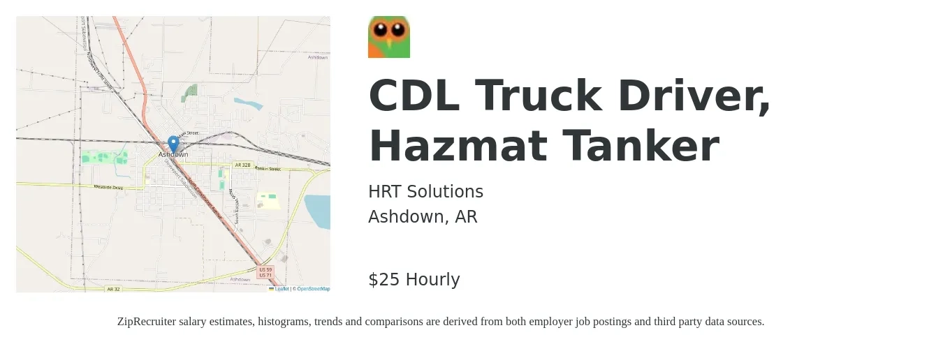 HRT Solutions job posting for a CDL Truck Driver, Hazmat Tanker in Ashdown, AR with a salary of $26 Hourly with a map of Ashdown location.