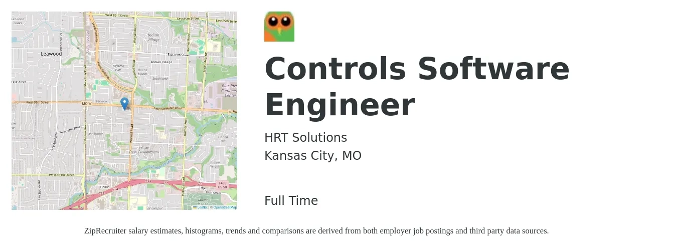 HRT Solutions job posting for a Controls Software Engineer in Kansas City, MO with a salary of $44 to $56 Hourly with a map of Kansas City location.