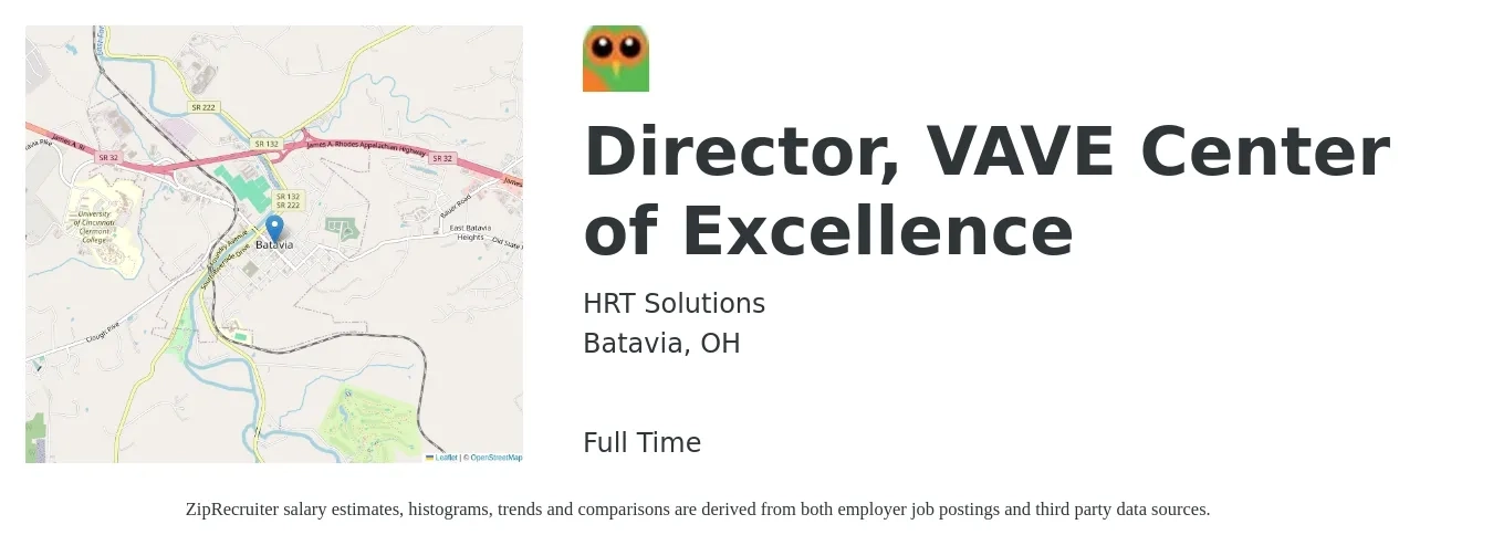 HRT Solutions job posting for a Director, VAVE Center of Excellence in Batavia, OH with a salary of $129,800 to $232,100 Yearly with a map of Batavia location.