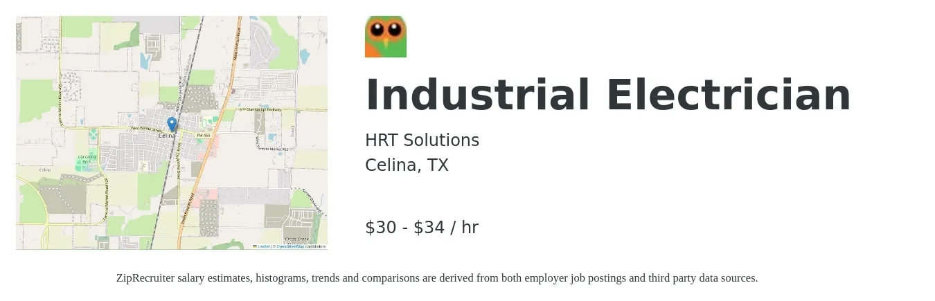 HRT Solutions job posting for a Industrial Electrician in Celina, TX with a salary of $32 to $36 Hourly with a map of Celina location.