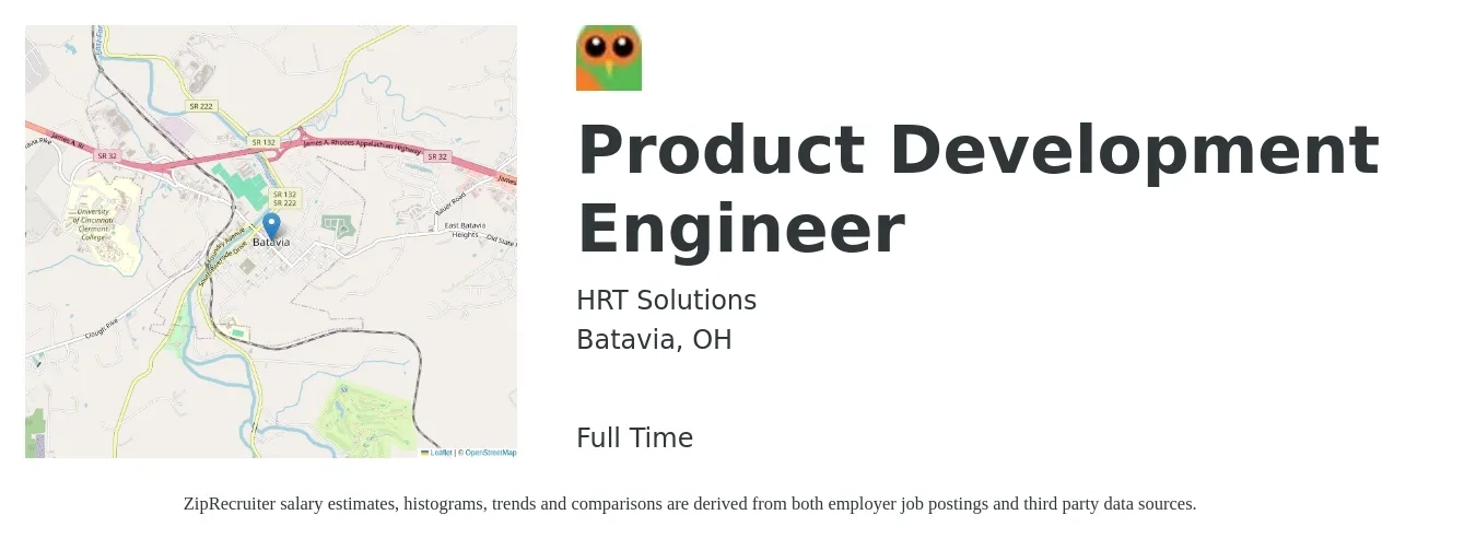 HRT Solutions job posting for a Product Development Engineer in Batavia, OH with a salary of $66,100 to $91,700 Yearly with a map of Batavia location.