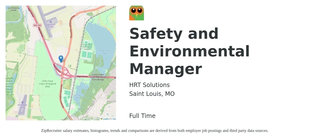 HRT Solutions job posting for a Safety and Environmental Manager in Saint Louis, MO with a salary of $80,700 to $109,400 Yearly with a map of Saint Louis location.