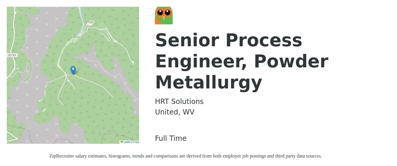 HRT Solutions job posting for a Senior Process Engineer, Powder Metallurgy in United, WV with a salary of $96,200 to $124,500 Yearly with a map of United location.