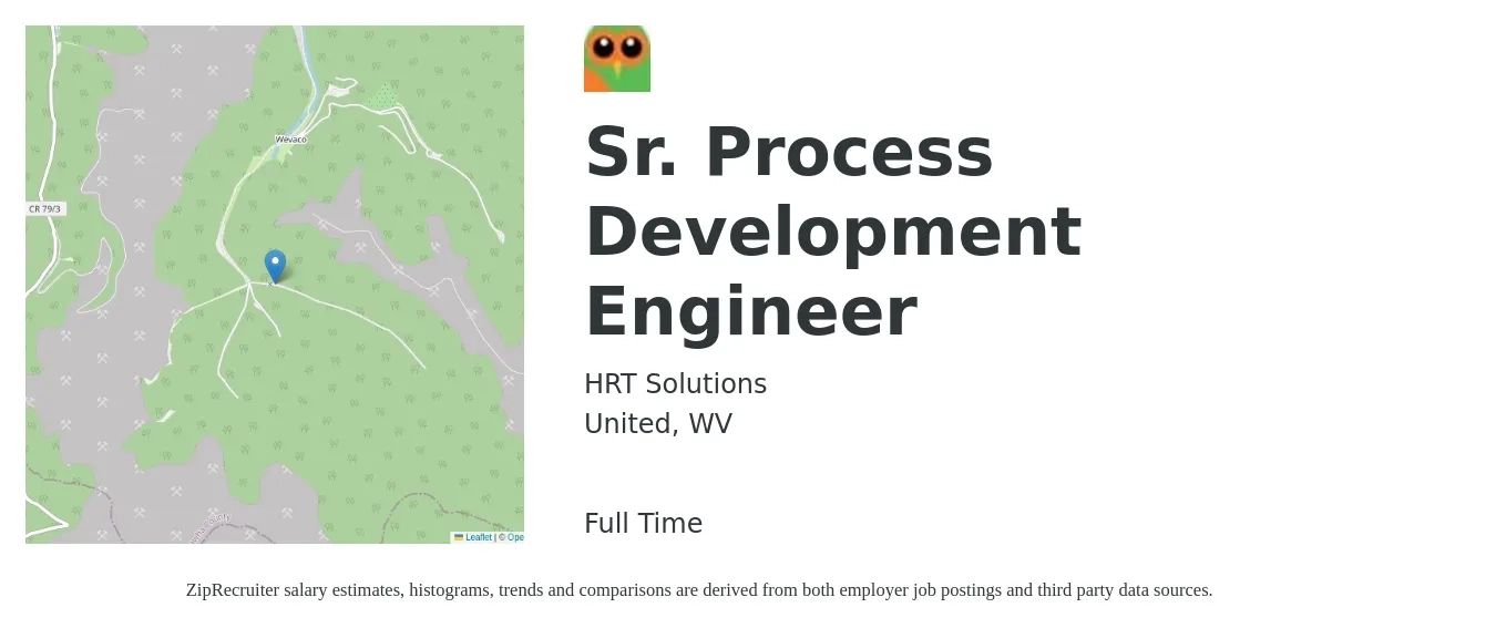 HRT Solutions job posting for a Sr. Process Development Engineer in United, WV with a salary of $96,200 to $124,500 Yearly with a map of United location.