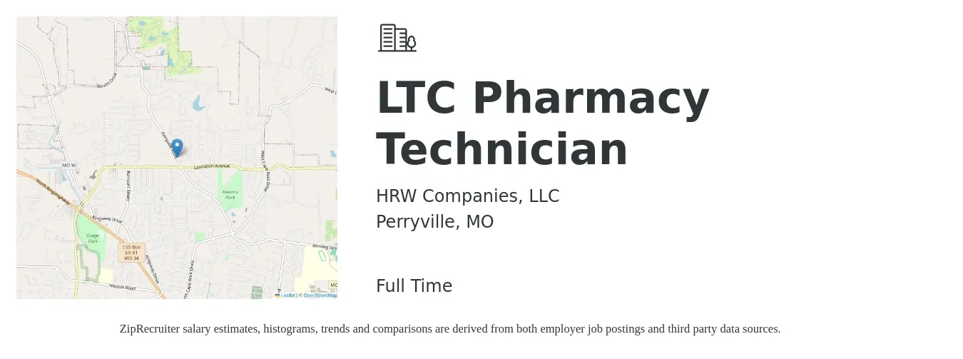 HRW Companies, LLC job posting for a LTC Pharmacy Technician in Perryville, MO with a salary of $17 Hourly with a map of Perryville location.