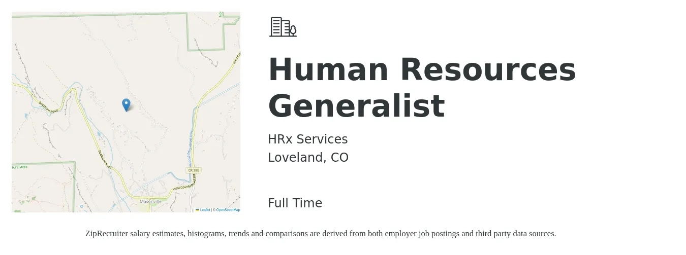 HRx Services job posting for a Human Resources Generalist in Loveland, CO with a salary of $53,400 to $76,100 Yearly with a map of Loveland location.