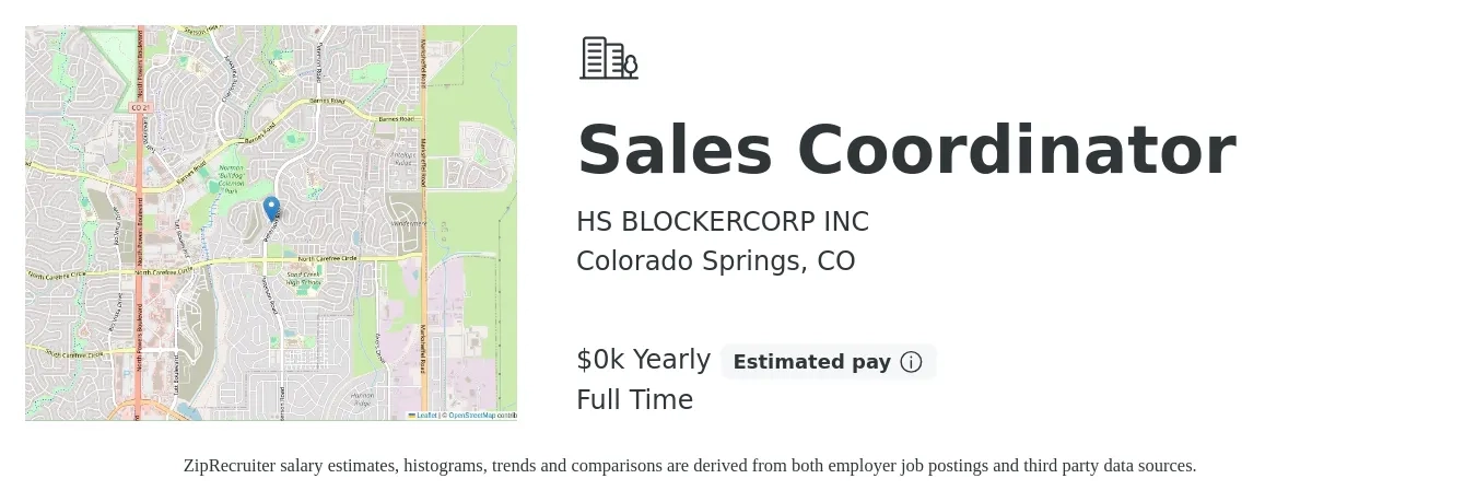 HS BLOCKERCORP INC job posting for a Sales Coordinator in Colorado Springs, CO with a salary of $17 to $19 Yearly with a map of Colorado Springs location.