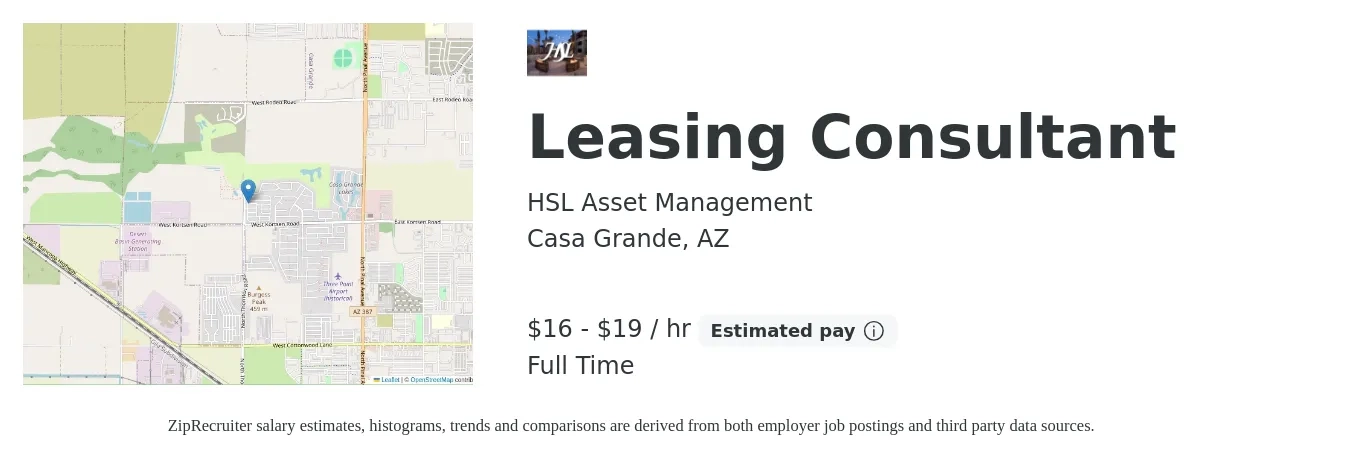 HSL Asset Management job posting for a Leasing Consultant in Casa Grande, AZ with a salary of $17 to $20 Hourly with a map of Casa Grande location.