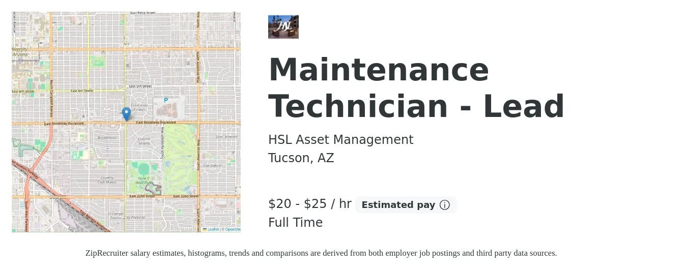 HSL Asset Management job posting for a Maintenance Technician - Lead in Tucson, AZ with a salary of $21 to $27 Hourly with a map of Tucson location.