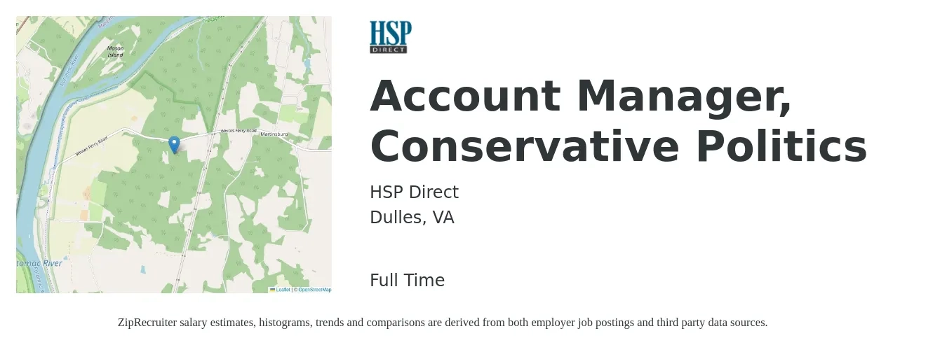 HSP Direct job posting for a Account Manager, Conservative Politics in Dulles, VA with a salary of $48,800 to $79,800 Yearly with a map of Dulles location.