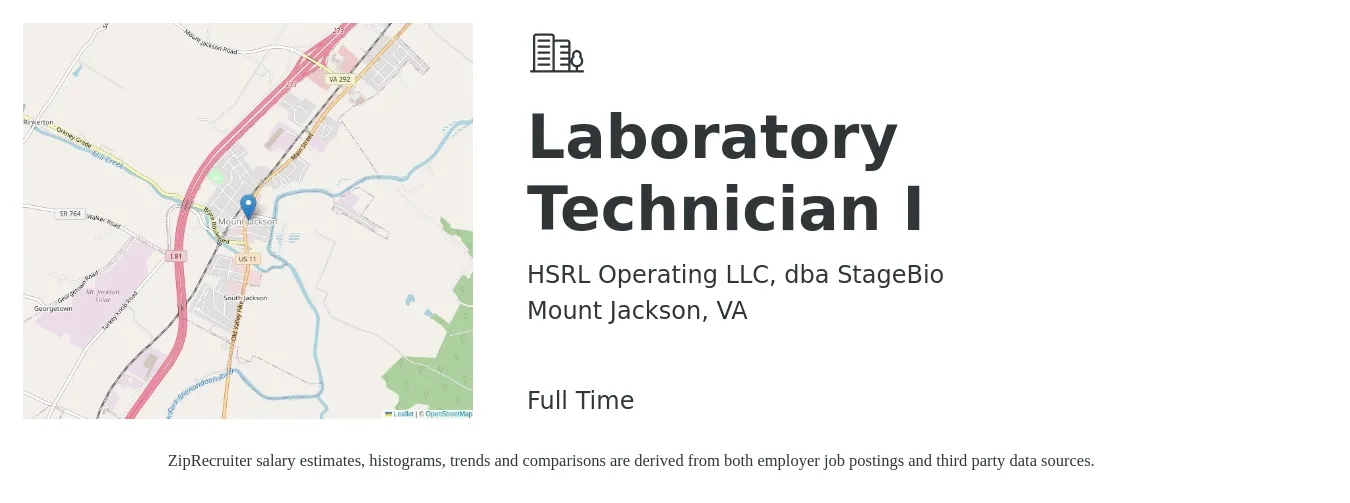 HSRL Operating LLC, dba StageBio job posting for a Laboratory Technician I in Mount Jackson, VA with a salary of $18 to $23 Hourly with a map of Mount Jackson location.
