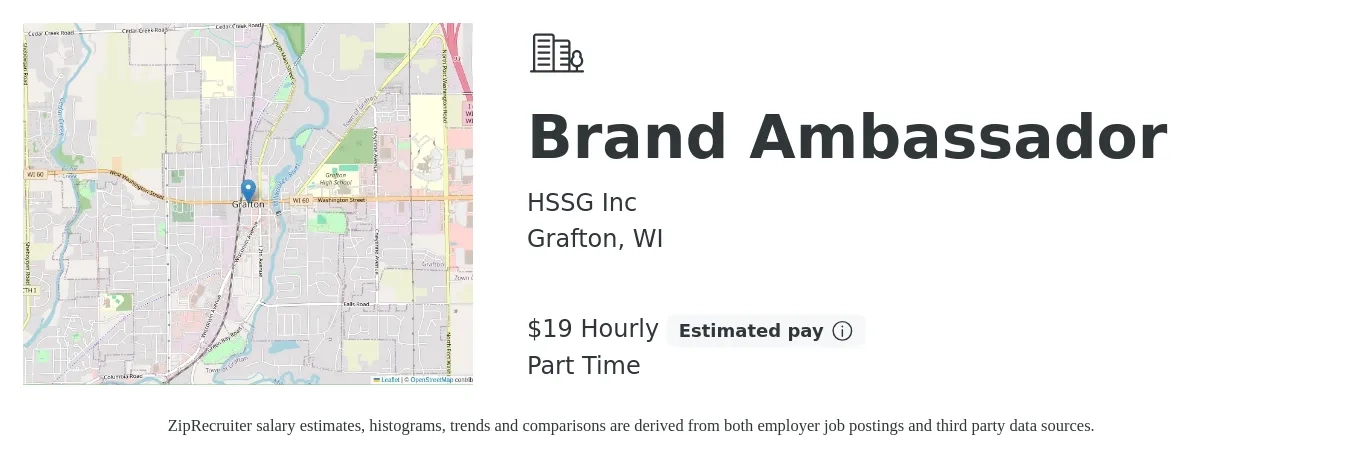 HSSG Inc job posting for a Brand Ambassador in Grafton, WI with a salary of $20 Hourly with a map of Grafton location.