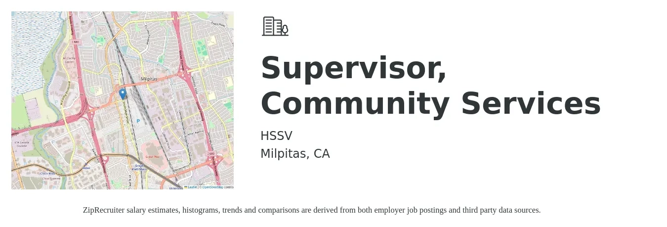 HSSV job posting for a Supervisor, Community Services in Milpitas, CA with a salary of $24 to $30 Hourly with a map of Milpitas location.