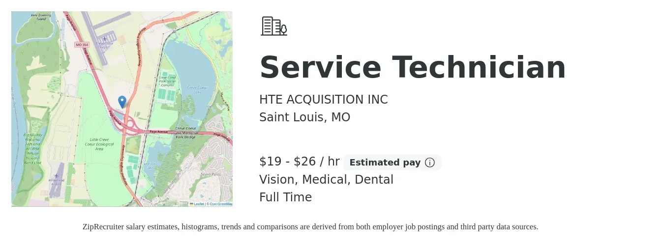 HTE ACQUISITION INC job posting for a Service Technician in Saint Louis, MO with a salary of $20 to $28 Hourly and benefits including dental, life_insurance, medical, retirement, and vision with a map of Saint Louis location.