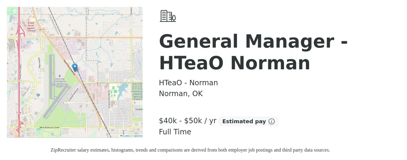 HTeaO - Norman job posting for a General Manager - HTeaO Norman in Norman, OK with a salary of $40,000 to $50,000 Yearly with a map of Norman location.
